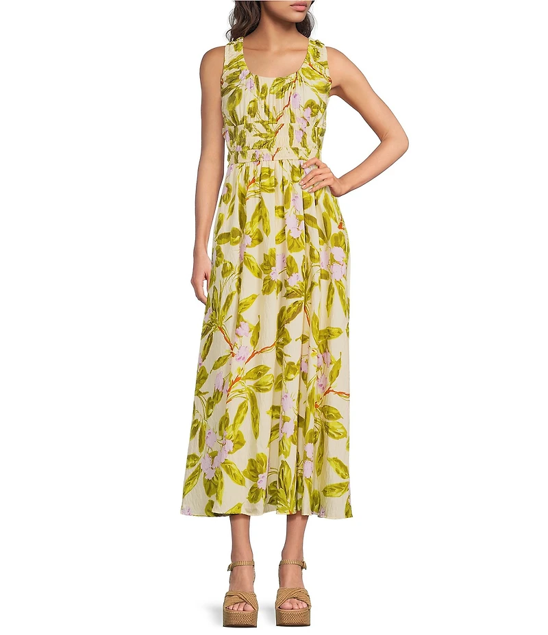 Kelly Grace Sleeveless Floral Printed Scoop Neck Sleeveless A-Line Midi Dress