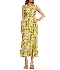 Kelly Grace Sleeveless Floral Printed Scoop Neck Sleeveless A-Line Midi Dress