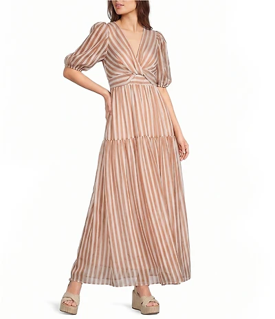 Kelly Grace Stripe Short Puff Sleeve V-Neck A-Line Maxi Dress