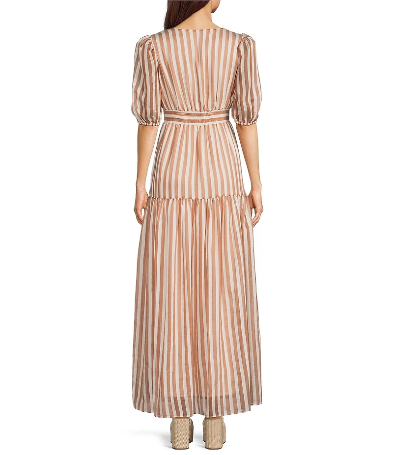 Kelly Grace Stripe Short Puff Sleeve V-Neck A-Line Maxi Dress