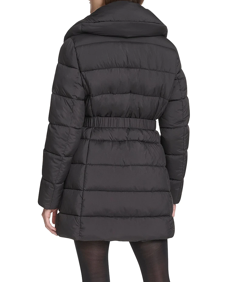 Kenneth Cole New York Water Resistant Stand Collar Belted Exposed Zip Front Puffer Coat