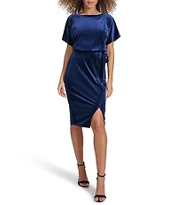 Kensie Blouson Stretch Velvet Short Sleeve Boat Neck Wrap Tie Dress