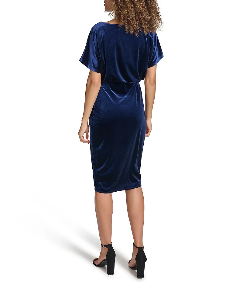 Kensie Blouson Stretch Velvet Short Sleeve Boat Neck Wrap Tie Dress