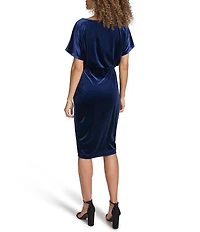 Kensie Blouson Stretch Velvet Short Sleeve Boat Neck Wrap Tie Dress