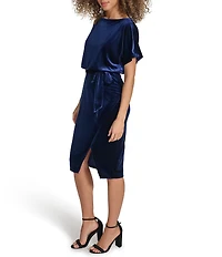 Kensie Blouson Stretch Velvet Short Sleeve Boat Neck Wrap Tie Dress
