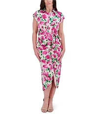 Kensie Charmuese Floral Print Point Collar Neck Short Sleeve Button Front Tie Waist Shirt Midi Dress