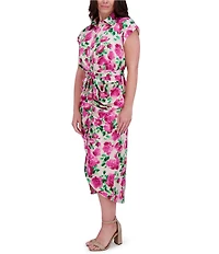 Kensie Charmuese Floral Print Point Collar Neck Short Sleeve Button Front Tie Waist Shirt Midi Dress