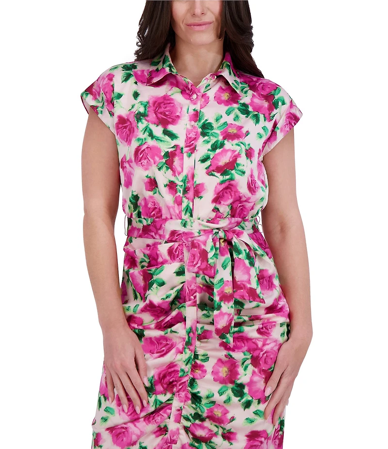 Kensie Charmuese Floral Print Point Collar Neck Short Sleeve Button Front Tie Waist Shirt Midi Dress