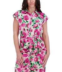 Kensie Charmuese Floral Print Point Collar Neck Short Sleeve Button Front Tie Waist Shirt Midi Dress