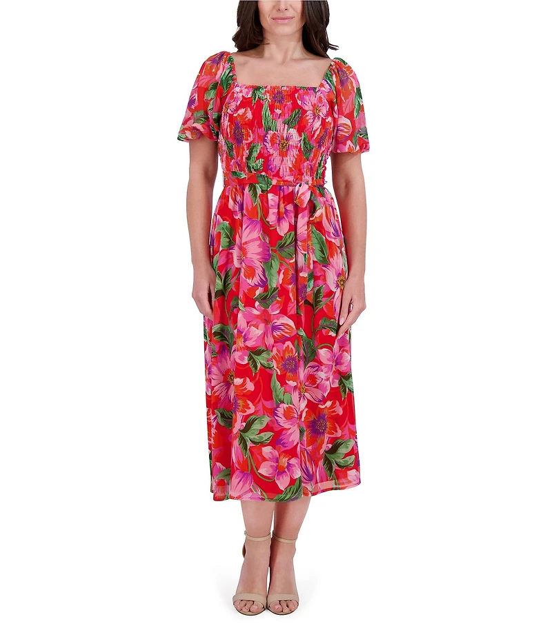 Kensie Chiffon Floral Print Square Neck Short Sleeve A-Line Midi Dress