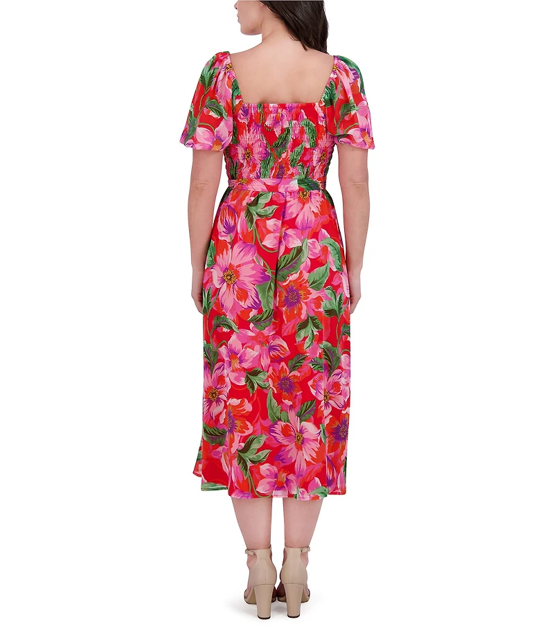 Kensie Chiffon Floral Print Square Neck Short Sleeve A-Line Midi Dress