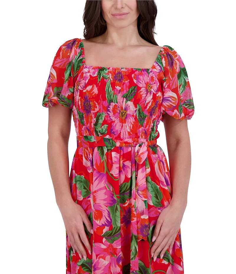 Kensie Chiffon Floral Print Square Neck Short Sleeve A-Line Midi Dress