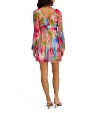 Kensie Chiffon Floral Print V-Neck Long Sleeve Printed Mini Dress