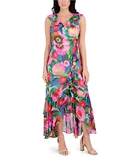 Kensie Chiffon Floral Print V Neck Sleeveless Blouson High-Low Midi Dress