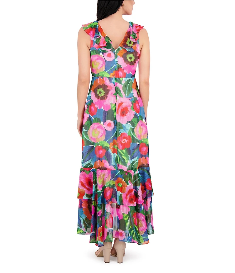 Kensie Chiffon Floral Print V Neck Sleeveless Blouson High-Low Midi Dress