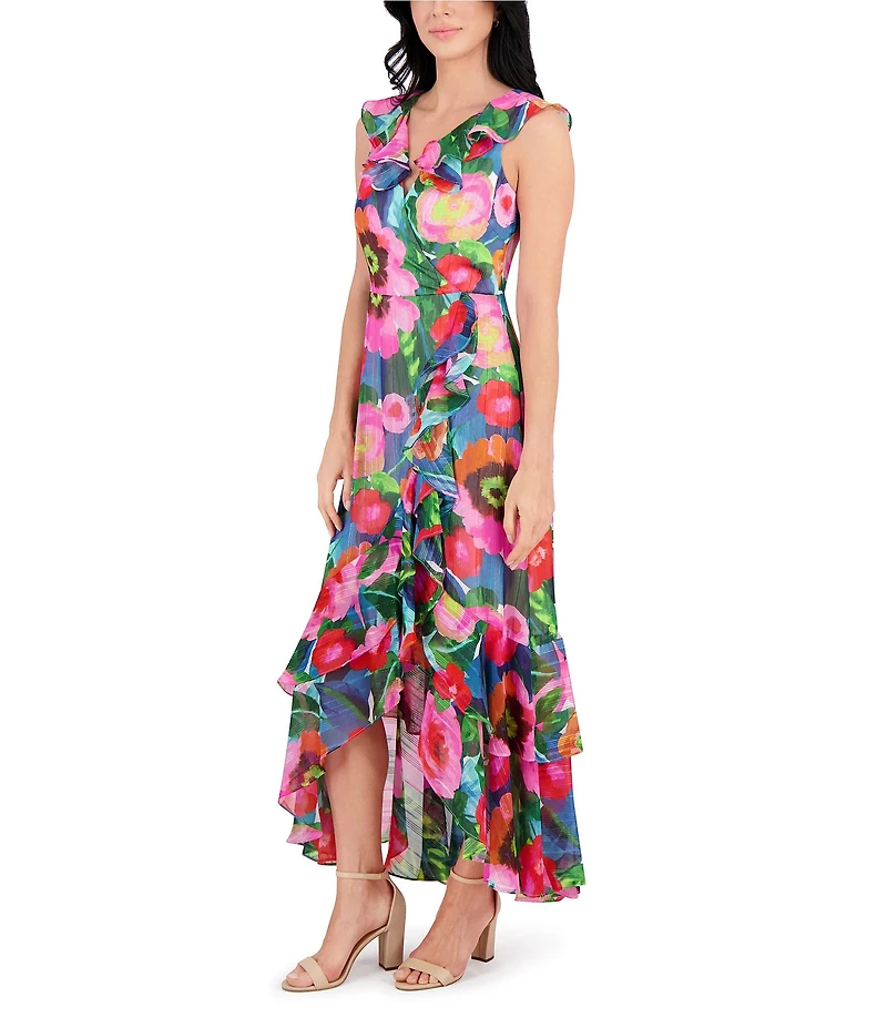 Kensie Chiffon Floral Print V Neck Sleeveless Blouson High-Low Midi Dress