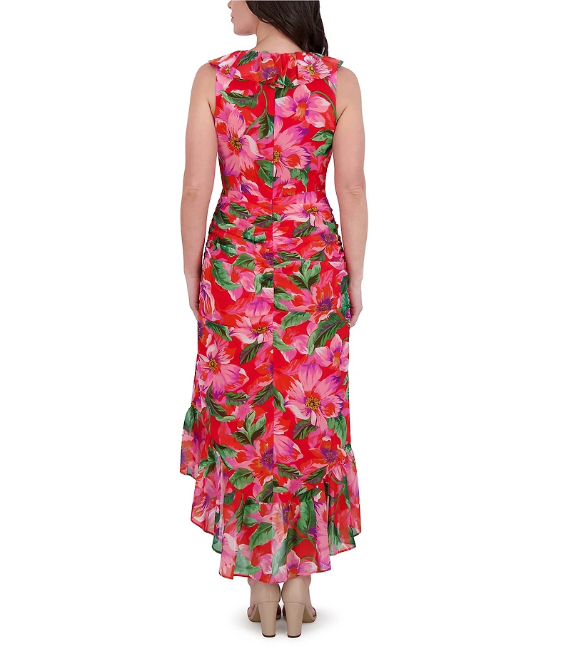 Kensie Chiffon Floral Print V-Neck Sleeveless Ruffle Sheath Midi Dress