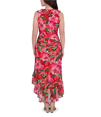 Kensie Chiffon Floral Print V-Neck Sleeveless Ruffle Sheath Midi Dress