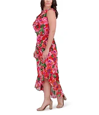 Kensie Chiffon Floral Print V-Neck Sleeveless Ruffle Sheath Midi Dress