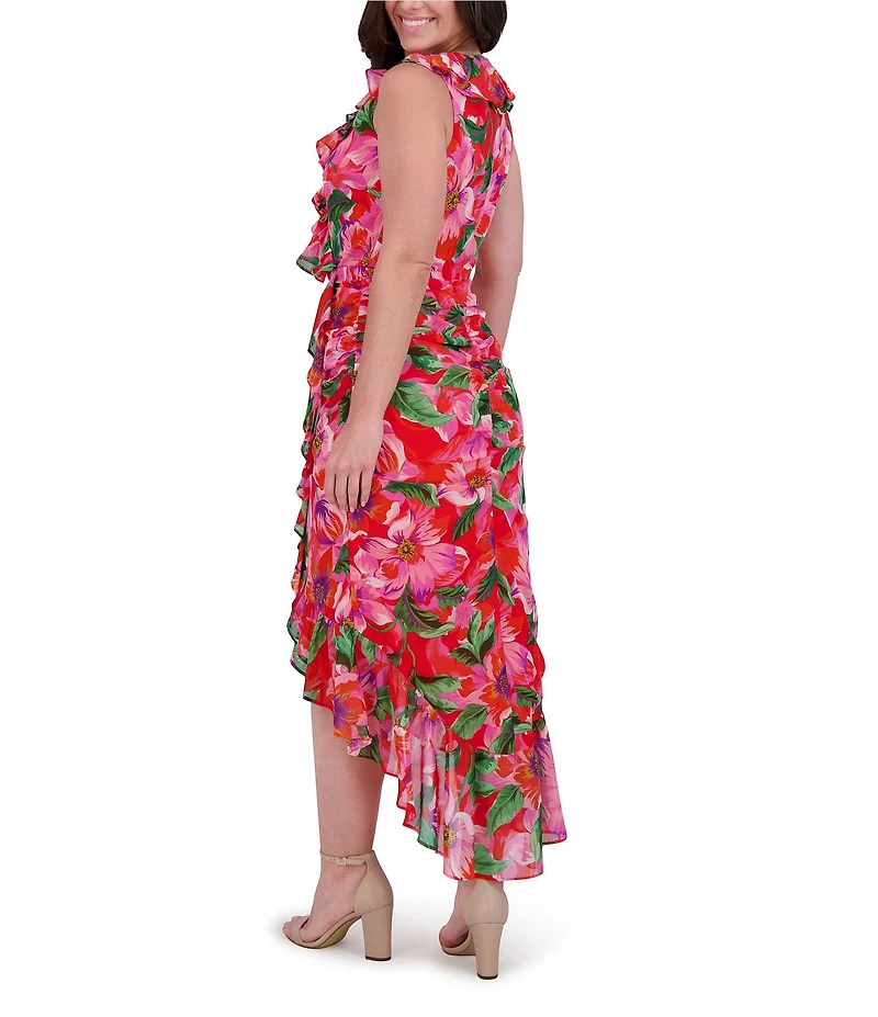 Kensie Chiffon Floral Print V-Neck Sleeveless Ruffle Sheath Midi Dress