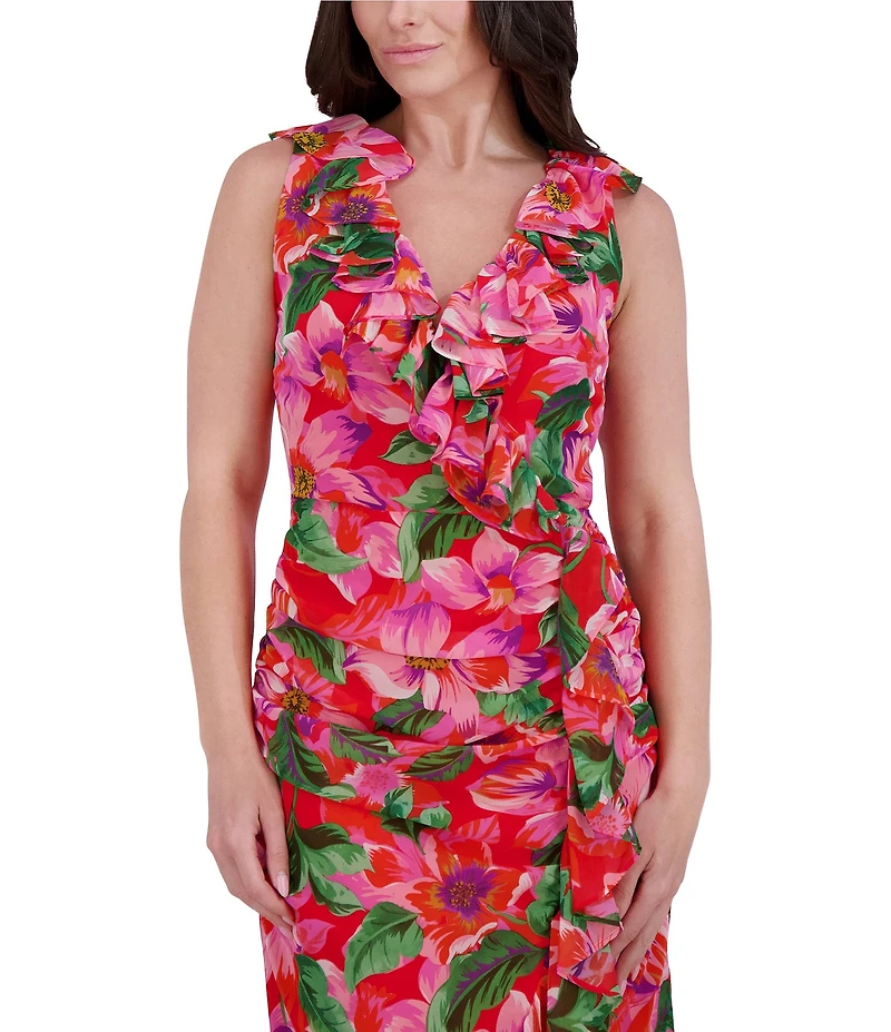 Kensie Chiffon Floral Print V-Neck Sleeveless Ruffle Sheath Midi Dress
