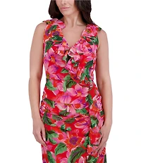 Kensie Chiffon Floral Print V-Neck Sleeveless Ruffle Sheath Midi Dress