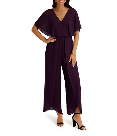 Kensie Chiffon Surplice V-Neck Short Flutter Sleeve Ruffle Overlay Wide Leg Jumpsuit