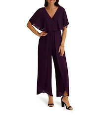 Kensie Chiffon Surplice V-Neck Short Flutter Sleeve Ruffle Overlay Wide Leg Jumpsuit
