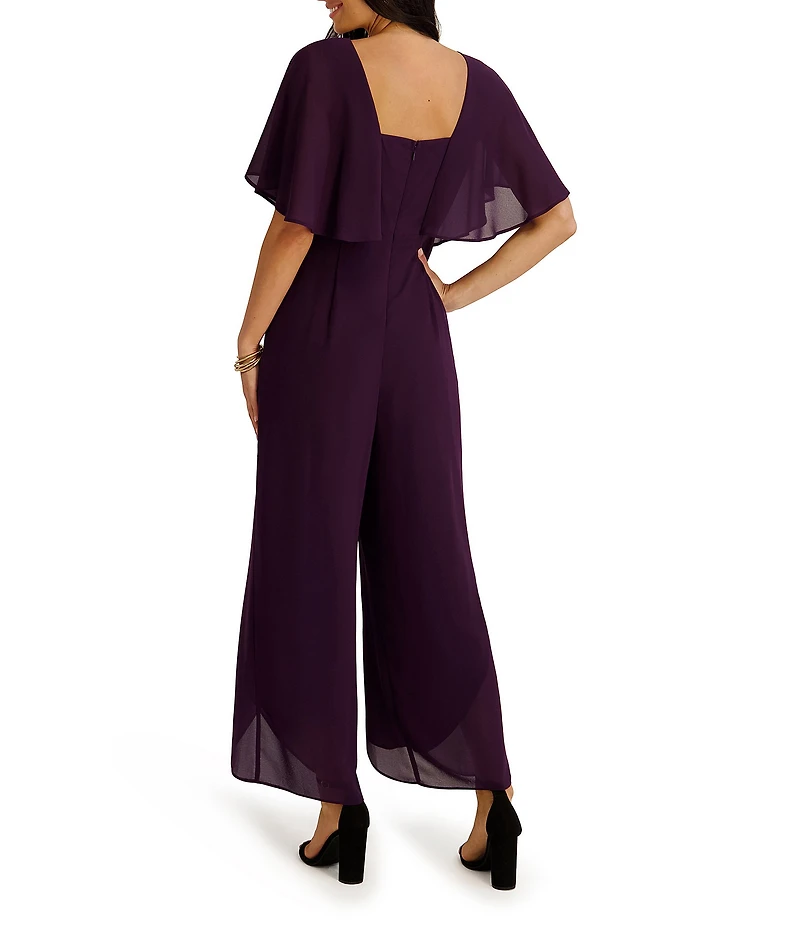 Kensie Chiffon Surplice V-Neck Short Flutter Sleeve Ruffle Overlay Wide Leg Jumpsuit