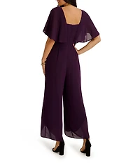 Kensie Chiffon Surplice V-Neck Short Flutter Sleeve Ruffle Overlay Wide Leg Jumpsuit