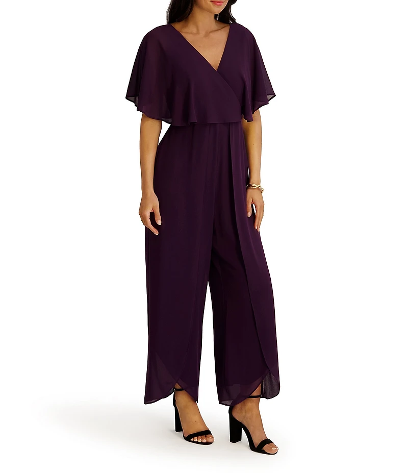 Kensie Chiffon Surplice V-Neck Short Flutter Sleeve Ruffle Overlay Wide Leg Jumpsuit