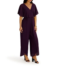 Kensie Chiffon Surplice V-Neck Short Flutter Sleeve Ruffle Overlay Wide Leg Jumpsuit