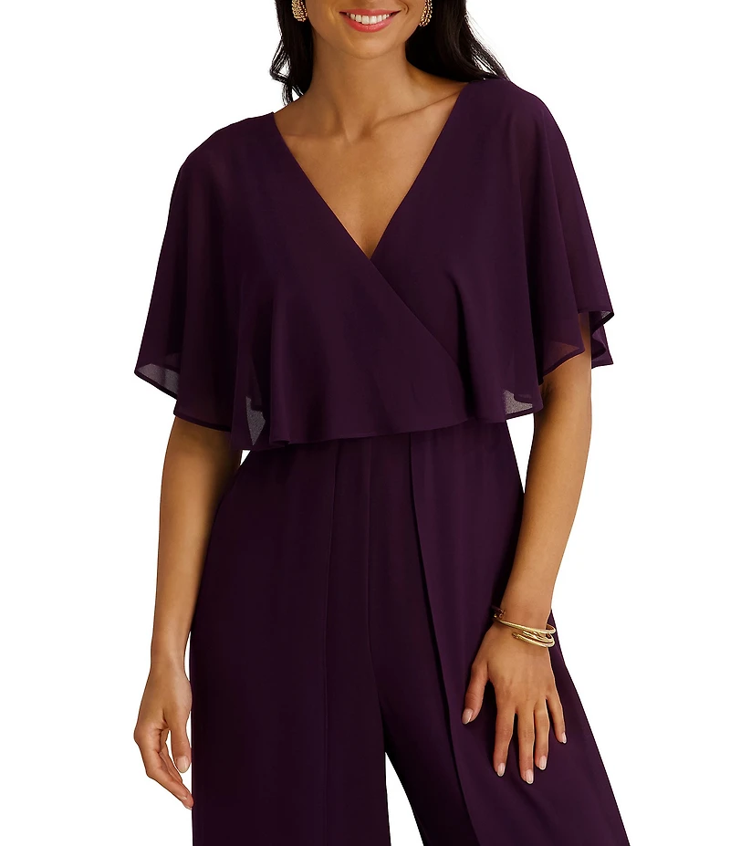Kensie Chiffon Surplice V-Neck Short Flutter Sleeve Ruffle Overlay Wide Leg Jumpsuit