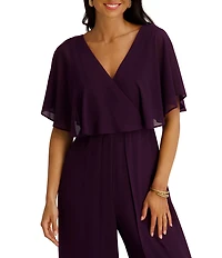 Kensie Chiffon Surplice V-Neck Short Flutter Sleeve Ruffle Overlay Wide Leg Jumpsuit