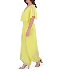Kensie Chiffon Surplice V-Neck Short Flutter Sleeve Ruffle Overlay Wide Leg Jumpsuit