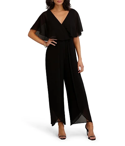 Kensie Chiffon Surplice V-Neck Short Flutter Sleeve Ruffle Overlay Wide Leg Jumpsuit
