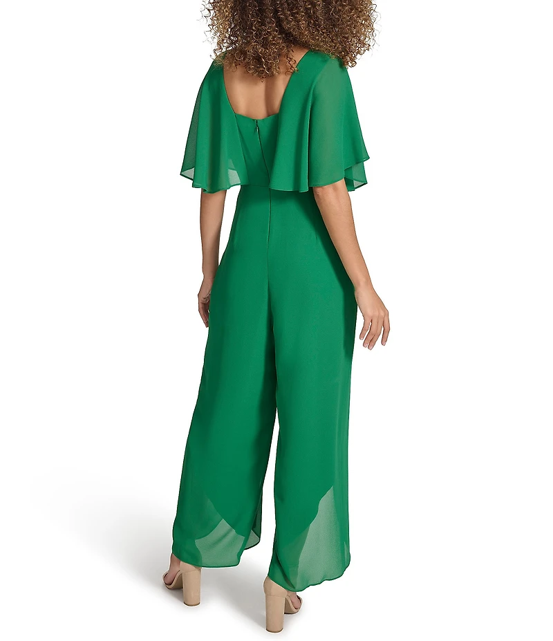 Kensie Chiffon Surplice V-Neck Short Flutter Sleeve Ruffle Overlay Wide Leg Jumpsuit
