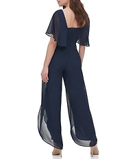 Kensie Chiffon V Neckline Ruffle Popover Sleeve Jumpsuit