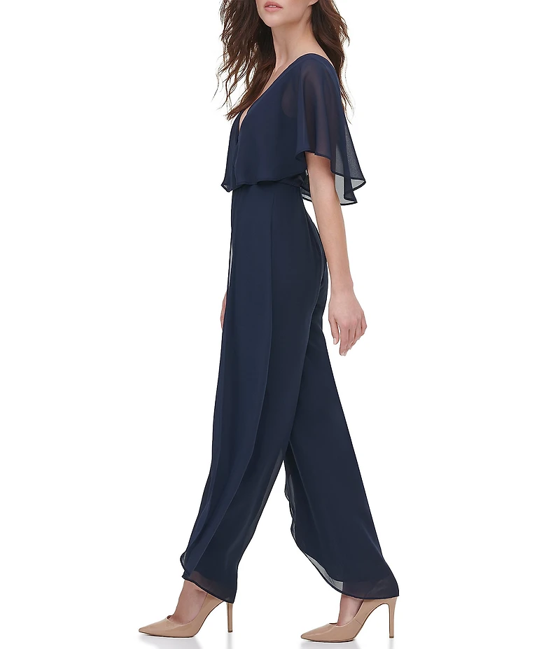 Kensie Chiffon V Neckline Ruffle Popover Sleeve Jumpsuit