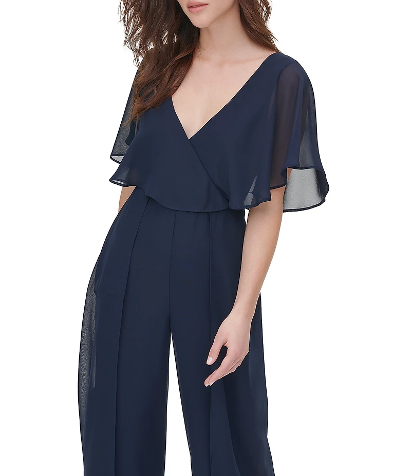Kensie Chiffon V Neckline Ruffle Popover Sleeve Jumpsuit