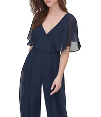 Kensie Chiffon V Neckline Ruffle Popover Sleeve Jumpsuit