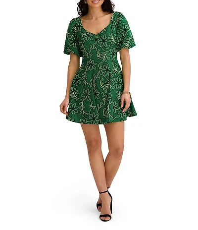 Kensie Corded Woven Puff Sleeve Sweetheart Neckline Mini Dress