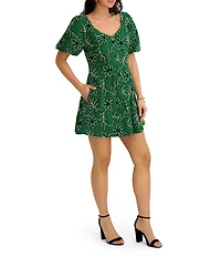 Kensie Corded Woven Puff Sleeve Sweetheart Neckline Mini Dress