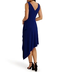 Kensie Cowl Neck Drape Front Asymmetrical Hem Knit Jersey Midi Dress