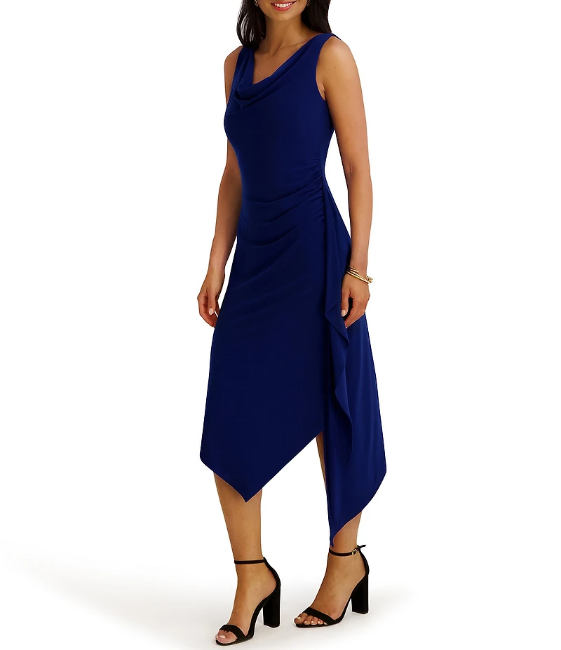 Kensie Cowl Neck Drape Front Asymmetrical Hem Knit Jersey Midi Dress