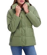 Kensie Crinkle Cire Envelope Neck Long Sleeve Drop Shoulder Elastic Cinched Water Resistant Puffer Coat