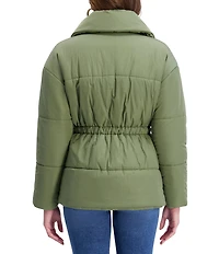 Kensie Crinkle Cire Envelope Neck Long Sleeve Drop Shoulder Elastic Cinched Water Resistant Puffer Coat