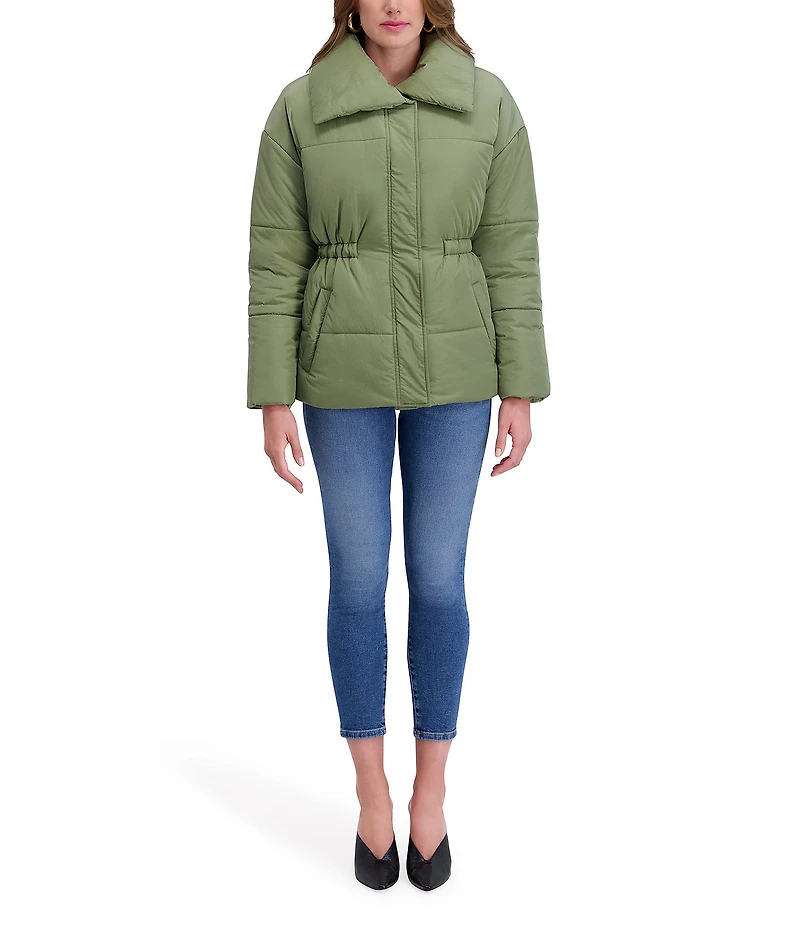 Kensie Crinkle Cire Envelope Neck Long Sleeve Drop Shoulder Elastic Cinched Water Resistant Puffer Coat