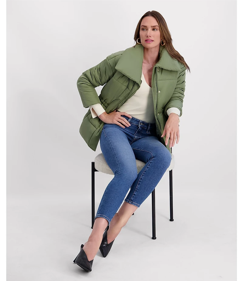 Kensie Crinkle Cire Envelope Neck Long Sleeve Drop Shoulder Elastic Cinched Water Resistant Puffer Coat