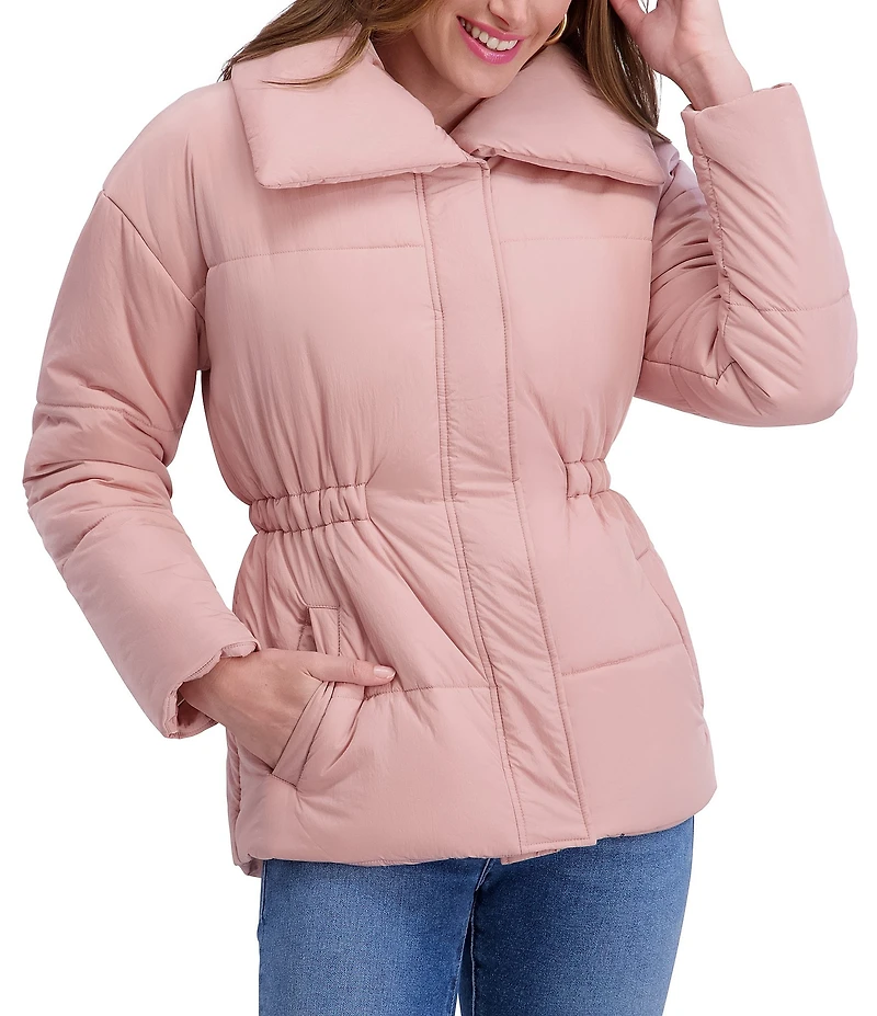 Kensie Crinkle Cire Envelope Neck Long Sleeve Drop Shoulder Elastic Cinched Water Resistant Puffer Coat